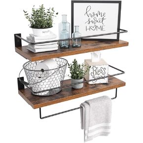 أرفف عائمة للجدار، رف الحمام مع قضيب منشفة ودرابزين معدني، أرفف تخزين مثبتة على الحائط لغرفة النوم وغرفة المعيشة والمطبخ والمكتب، مجموعة من 2، بني in Kuwait