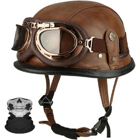 Motorcycle German Leather Half Face Helmet, DOT Approved Cap Half Shell Helmet+Goggles Retro Open-Face Helmet with Adjustable Quick Release Buckle