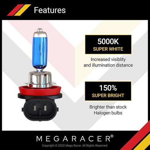 مجموعة مصابيح الهالوجين الأمامية Mega Racer H11 9005 - أبيض فائق 5000 ك 12 فولت 100 وات، شعاع عالي ومنخفض، ترقية استبدال المصابيح الأمامية للسيارات، زينون، 4 عبوات in Kuwait