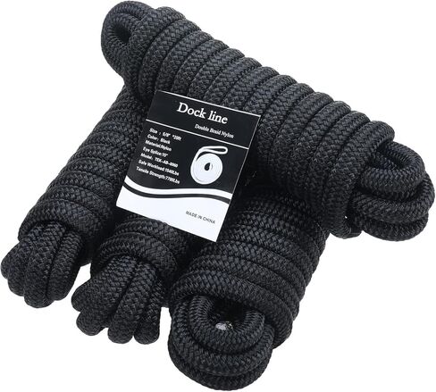 SearQing Dock Lines Marine Grade 4-Pack 5/8 x 20' حبال قارب نايلون مزدوجة الجديلة لرسو السفن مع حلقة 15 بوصة لقوارب الكاياك العائمة حد حمل العمل: 1540 رطل./قوة الكسر: 7700 رطل (أسود.) in Kuwait