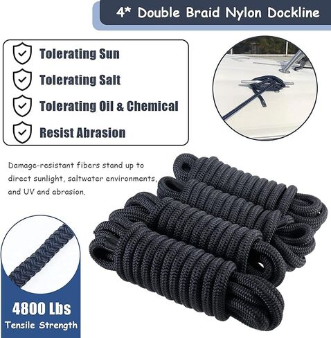 SearQing Dock Lines Marine Grade 4-Pack 5/8 x 20' حبال قارب نايلون مزدوجة الجديلة لرسو السفن مع حلقة 15 بوصة لقوارب الكاياك العائمة حد حمل العمل: 1540 رطل./قوة الكسر: 7700 رطل (أسود.) in Kuwait