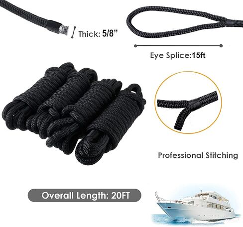 SearQing Dock Lines Marine Grade 4-Pack 5/8 x 20' حبال قارب نايلون مزدوجة الجديلة لرسو السفن مع حلقة 15 بوصة لقوارب الكاياك العائمة حد حمل العمل: 1540 رطل./قوة الكسر: 7700 رطل (أسود.) in Kuwait