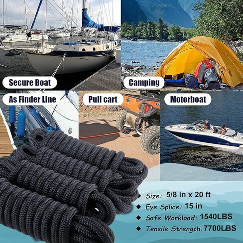 SearQing Dock Lines Marine Grade 4-Pack 5/8 x 20' حبال قارب نايلون مزدوجة الجديلة لرسو السفن مع حلقة 15 بوصة لقوارب الكاياك العائمة حد حمل العمل: 1540 رطل./قوة الكسر: 7700 رطل (أسود.) in Kuwait