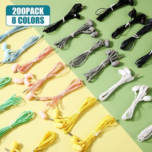 Macarrie 200 Pack Earbuds Bulk Kids Earphones 3.5 mm Classroom Headphones for Students Assorted Colors Earbud Wired Earphone Without Mic for School Classroom Student Individually Bagged (Black) in Kuwait