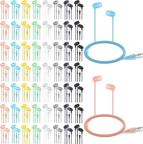 Macarrie 200 Pack Earbuds Bulk Kids Earphones 3.5 mm Classroom Headphones for Students Assorted Colors Earbud Wired Earphone Without Mic for School Classroom Student Individually Bagged (Black) in Kuwait