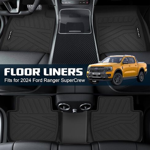 سجادات أرضية لسيارة Ford Ranger SuperCrew 2024، بطانات أرضية مطاطية TPE للحماية من جميع الأحوال الجوية لملحقات Ford Ranger 2024، عديمة الرائحة مضادة للانزلاق، الصف الأول والثاني، أسود in Kuwait