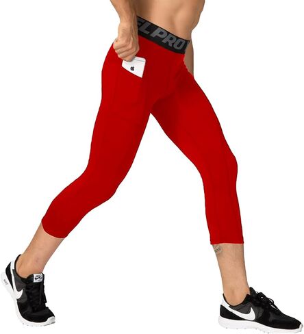 Men's 3/4 Compression Pants, Capri Leggings with Pocket, Athletic Basketball Tights, Sport Running Dry Fit Gym Base Layer in Kuwait