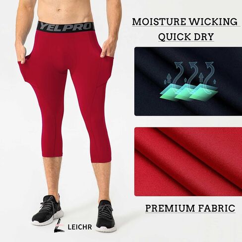 Men's 3/4 Compression Pants, Capri Leggings with Pocket, Athletic Basketball Tights, Sport Running Dry Fit Gym Base Layer in Kuwait