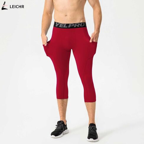 Men's 3/4 Compression Pants, Capri Leggings with Pocket, Athletic Basketball Tights, Sport Running Dry Fit Gym Base Layer in Kuwait