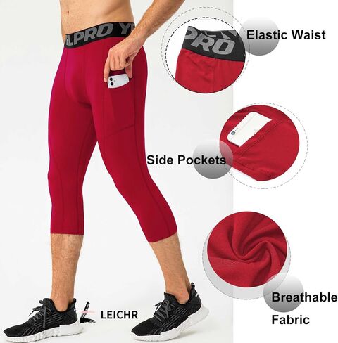 Men's 3/4 Compression Pants, Capri Leggings with Pocket, Athletic Basketball Tights, Sport Running Dry Fit Gym Base Layer in Kuwait