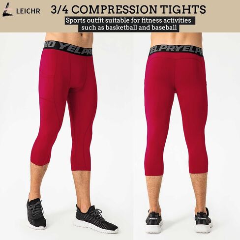 Men's 3/4 Compression Pants, Capri Leggings with Pocket, Athletic Basketball Tights, Sport Running Dry Fit Gym Base Layer in Kuwait