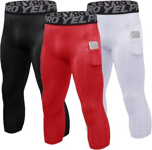 Men's 3/4 Compression Pants, Capri Leggings with Pocket, Athletic Basketball Tights, Sport Running Dry Fit Gym Base Layer in Kuwait
