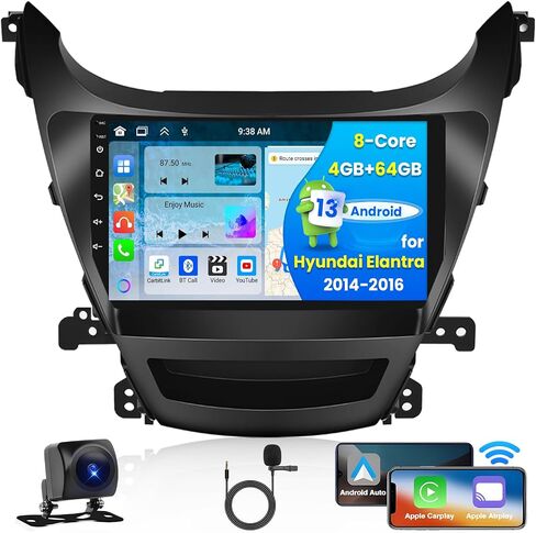 [4G+64G] ستيريو Android 13 لسيارة Hyundai Elantra 2014 2015 2016، شاشة لمس 9 بوصة 1280 × 720 راديو لاسلكي CarPlay Android Auto GPS للملاحة الاحتياطية وكاميرا احتياطية رابط مرآة in Saudi Arabia