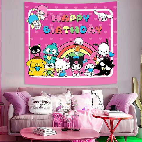 Hello Kitty Tapestry-Hello Kitty Room Decor-Hello Kitty Poster-Hello Kitty Party Decorations-Happy Birthday Backdrop for Kawaii Sanro Theme Party-59x51inch in Saudi Arabia