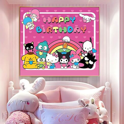Hello Kitty Tapestry-Hello Kitty Room Decor-Hello Kitty Poster-Hello Kitty Party Decorations-Happy Birthday Backdrop for Kawaii Sanro Theme Party-59x51inch in Saudi Arabia