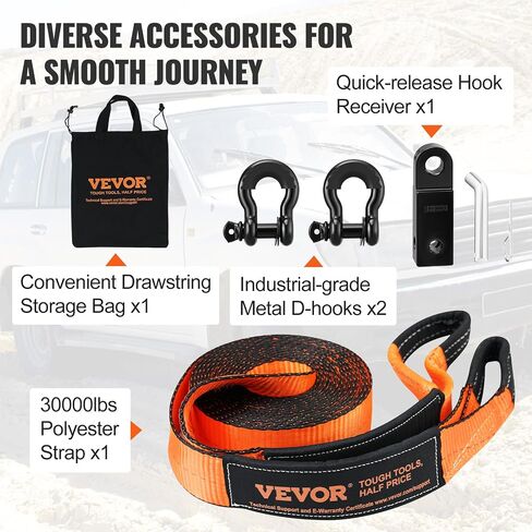 مجموعة VEVOR للاسترداد على الطرق الوعرة، 3 بوصات × 30 بوصة، أشرطة سحب شديدة التحمل مع خطافات 30000 رطل، مجموعة أشرطة ونش، 44092 رطلًا من الأغلال على شكل حرف D، جهاز استقبال الأصفاد، بكرة كتلة الخطف، قفازات، حقيبة تخزين لسيارة جيب ATV in Saudi Arabia