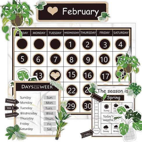 مجموعة لوحة نشرة تقويم Boho Greenery ببساطة لوحة إعلانات CTP تقويم مواسم الطقس مخطط أخضر لتزيين الفصول الدراسية مع مخطط الموسم والطقس وأيام الأسبوع، ديكور العودة إلى المدرسة in Kuwait