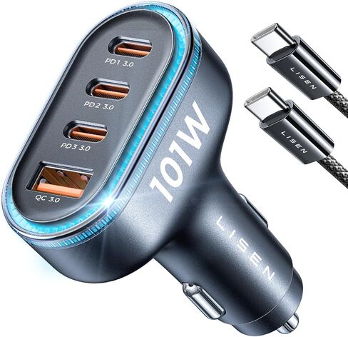 LISEN 101W USB C Car Charger 4 Port Super Fast Charging Car Charger Adapter PD3.0 & QC3.0 Cigarette Lighter Car USB Charger Multi Port with Cable,Compatible with iPhone 15 Pro Max 14 Samsung S24 iPad in Saudi Arabia