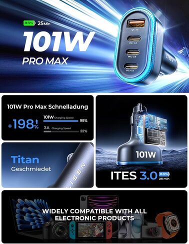 LISEN 101W USB C Car Charger 4 Port Super Fast Charging Car Charger Adapter PD3.0 & QC3.0 Cigarette Lighter Car USB Charger Multi Port with Cable,Compatible with iPhone 15 Pro Max 14 Samsung S24 iPad in Saudi Arabia