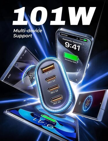 LISEN 101W USB C Car Charger 4 Port Super Fast Charging Car Charger Adapter PD3.0 & QC3.0 Cigarette Lighter Car USB Charger Multi Port with Cable,Compatible with iPhone 15 Pro Max 14 Samsung S24 iPad in Saudi Arabia