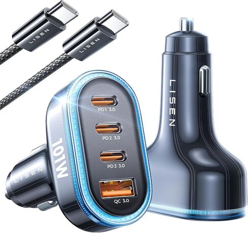 LISEN 101W USB C Car Charger 4 Port Super Fast Charging Car Charger Adapter PD3.0 & QC3.0 Cigarette Lighter Car USB Charger Multi Port with Cable,Compatible with iPhone 15 Pro Max 14 Samsung S24 iPad in Saudi Arabia
