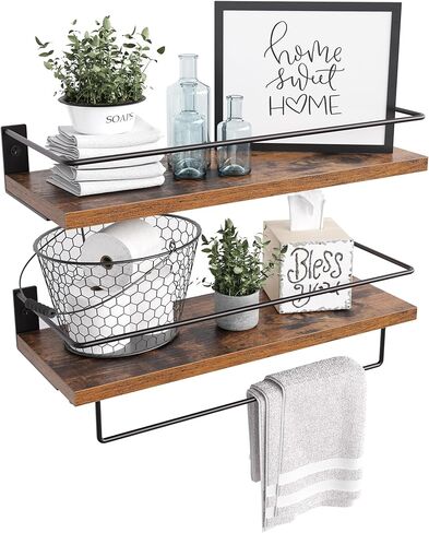 أرفف عائمة للجدار، رف الحمام مع قضيب منشفة ودرابزين معدني، أرفف تخزين مثبتة على الحائط لغرفة النوم وغرفة المعيشة والمطبخ والمكتب، مجموعة من 2، بني in Kuwait