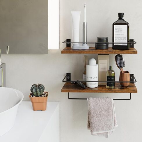 أرفف عائمة للجدار، رف الحمام مع قضيب منشفة ودرابزين معدني، أرفف تخزين مثبتة على الحائط لغرفة النوم وغرفة المعيشة والمطبخ والمكتب، مجموعة من 2، بني in Kuwait