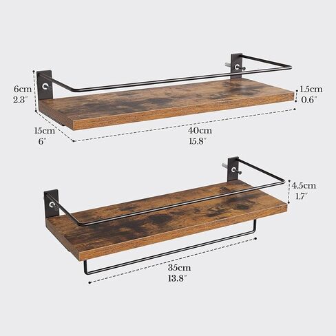 أرفف عائمة للجدار، رف الحمام مع قضيب منشفة ودرابزين معدني، أرفف تخزين مثبتة على الحائط لغرفة النوم وغرفة المعيشة والمطبخ والمكتب، مجموعة من 2، بني in Kuwait