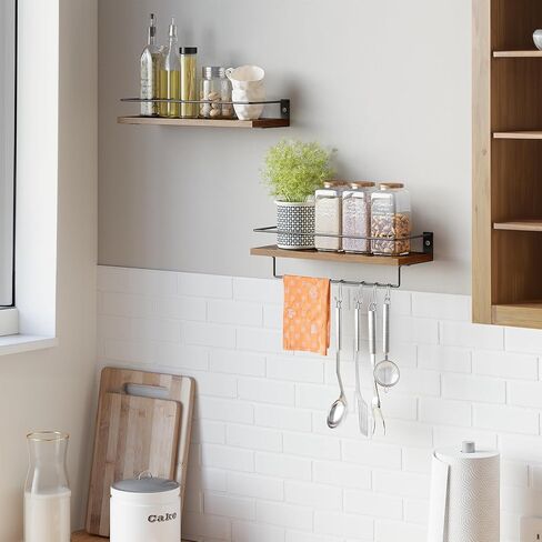 أرفف عائمة للجدار، رف الحمام مع قضيب منشفة ودرابزين معدني، أرفف تخزين مثبتة على الحائط لغرفة النوم وغرفة المعيشة والمطبخ والمكتب، مجموعة من 2، بني in Kuwait