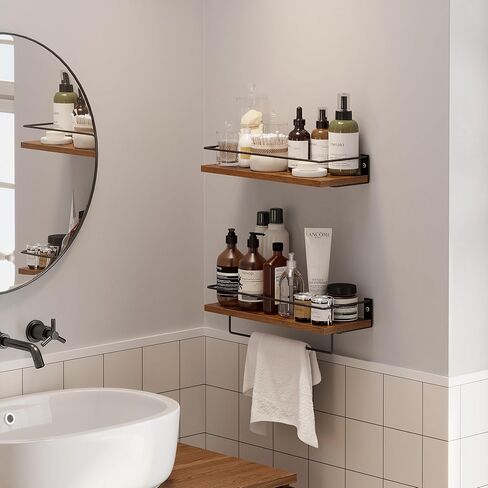 أرفف عائمة للجدار، رف الحمام مع قضيب منشفة ودرابزين معدني، أرفف تخزين مثبتة على الحائط لغرفة النوم وغرفة المعيشة والمطبخ والمكتب، مجموعة من 2، بني in Kuwait