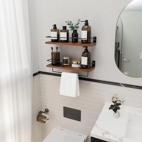 أرفف عائمة للجدار، رف الحمام مع قضيب منشفة ودرابزين معدني، أرفف تخزين مثبتة على الحائط لغرفة النوم وغرفة المعيشة والمطبخ والمكتب، مجموعة من 2، بني in Kuwait