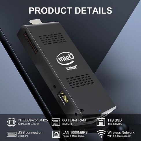 PC Stick with Intel Celeron J4125 Windows 11 Pro 8GB DDR4 128GB SSD Mini Computer Stick Support UHD 4K 60Hz WiFi 2.4G/5G Gigabit Ethernet BT 4.2 in Saudi Arabia