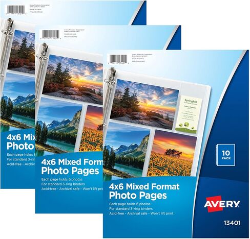 صفحات صور بتنسيقات مختلطة شفافة من Avery لـ 3 مجلدات حلقية، خالية من الأحماض، تحمل صورًا مقاس 4 × 6 بوصة، 10 في كل عبوة، 3 حزم، 30 واقيًا للصور إجماليًا (01670) in Saudi Arabia