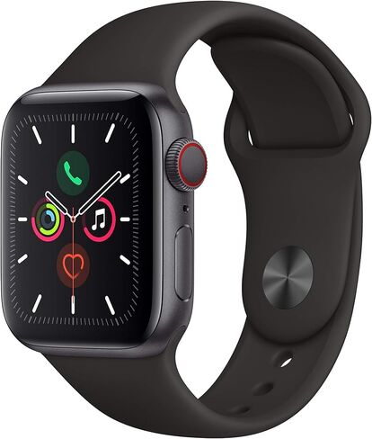 Apple Watch Series 5 (نظام تحديد المواقع + شبكة خلوية، 44 ملم) - هيكل من الألومنيوم باللون الرمادي الفلكي مع حزام رياضي أسود in Saudi Arabia