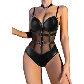 Lilosy مثير متقاطع قلادة جلدية بولي Underwire رفع شبكة شير بيبي دول المرأة تسخير تيدي ارتداءها ثوب النوم قميص النوم قطعة واحدة أسود كبير in Kuwait