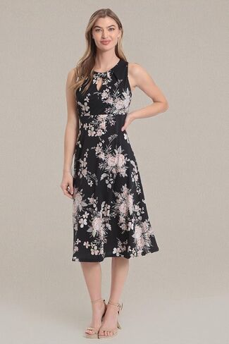 London Times Women's Printed Sleeveless Versatile Empire A-line Keyhole Neckline Midi Dress in Kuwait