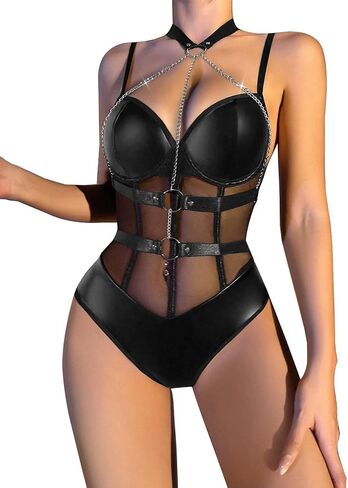 Lilosy مثير متقاطع قلادة جلدية بولي Underwire رفع شبكة شير بيبي دول المرأة تسخير تيدي ارتداءها ثوب النوم قميص النوم قطعة واحدة أسود كبير in Saudi Arabia