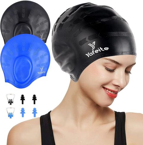 Swim Cap for Women Men - Large Silicone Swimming Cap for Long/Short Hair with 3D Ear Protection, Durable Non-Slip Waterproof Bath Swim Cap with Extra Room for Adults&Youth with Ear Plug and Nose Clip in Saudi Arabia