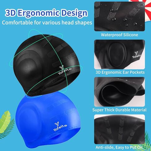 Swim Cap for Women Men - Large Silicone Swimming Cap for Long/Short Hair with 3D Ear Protection, Durable Non-Slip Waterproof Bath Swim Cap with Extra Room for Adults&Youth with Ear Plug and Nose Clip in Saudi Arabia