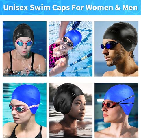 Swim Cap for Women Men - Large Silicone Swimming Cap for Long/Short Hair with 3D Ear Protection, Durable Non-Slip Waterproof Bath Swim Cap with Extra Room for Adults&Youth with Ear Plug and Nose Clip in Saudi Arabia
