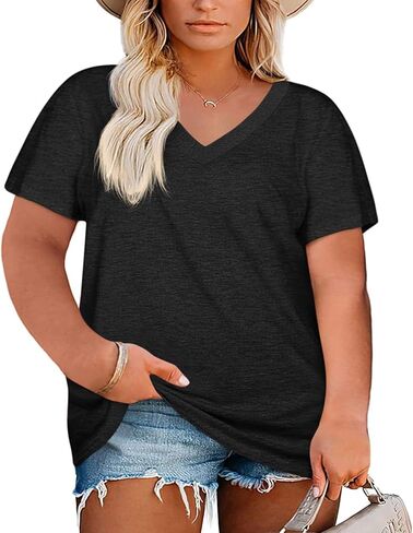 Womens Plus Size V Neck T Shirts Summer Short Sleeve Sexy Tops Casual Loose Fit Soft Basic Tees in Kuwait
