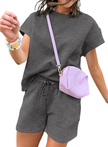 Dokotoo Women's 2 Piece Outfits Sweatsuit Casual Short Sleeve Pullover Tops and Drawstring Shorts Pants Lounge Sets in Saudi Arabia