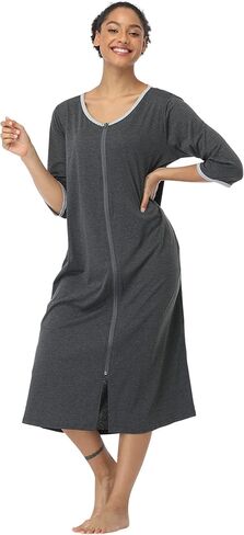 SUGAR JAN Women's Long Robes Zipper Front Lightweight Nightgowns Half Sleeves Soft Loungewear for Ladies S-XXXL in Kuwait
