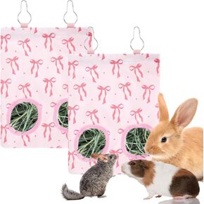 2Pcs Rabbit Hay Feeder Bag with 2 Holes Pink Bow Guinea Pig Hanging Hay Feeding Bag Storage Dispenser for Chinchilla Hamster Bunny Small Animal Pet