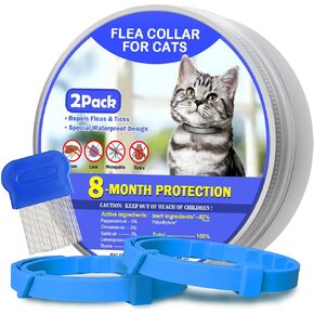 Flea and Tick Collar for Cats 8 Months of Cat Flea Collar Protection 2 Collars Made with Premium Plant Based Essential Oil Waterproof and Natural Treatment Prevention Free Comb