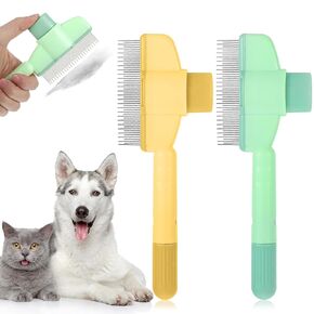 2PCS Pet Hair Removal Comb Flea Comb for Cats Dogs with One-Click Self-Cleaning, Cat Deshedding Brush 2025 Pet Grooming Brush (Green & Yellow)