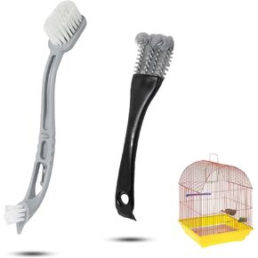 2 Pcs Bird Cage Cleaner Brush & Scoop with Long Handle and Curved Brush Head, 2-in-1 Bird Cage Cleaner with Front and Back Brushes for Kennel, and Parrot Perch Cleaning