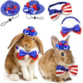 4PCS Independence Day Small Animal Costume Pet 4th of July Hamster Hat American Flag Bow Tie Collar Uncle Sam hat Patriotic Clothes for Bunny Lizard Ferret Sugar (Small, Stars & Stripes 4th July)