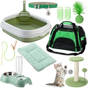 Eccliy Kitten Starter Kit, 10 Piece Cat Starter Kit for Indoor Cats Kitten Essentials Includes Litter Box, Pet Toys, Folding Carrier, Climbing Frame, Mat, Collar, Automatic Food Bow(Blue)