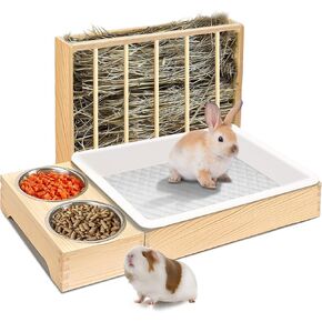 Rabbit Litter Box Bunny Litter Box Hay Feeder Rabbit, 3 in 1 Wooden Hay Feeder with 2 Bowls & Toilet for Guinea Pig, Bunny, Hamster, Chinchillas Other Small Animals, Large Capacity & Preventing Waste